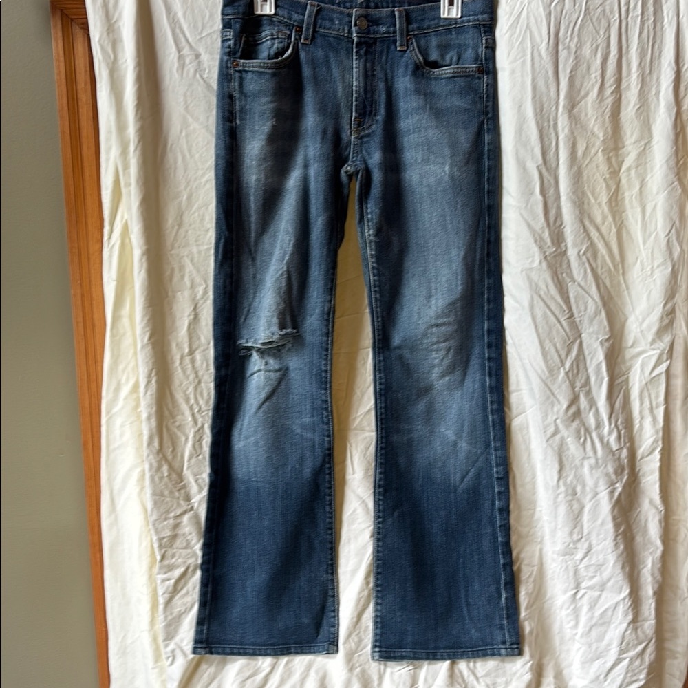 7 For All Mankind Blue Straight Jeans with Distressed Detail
